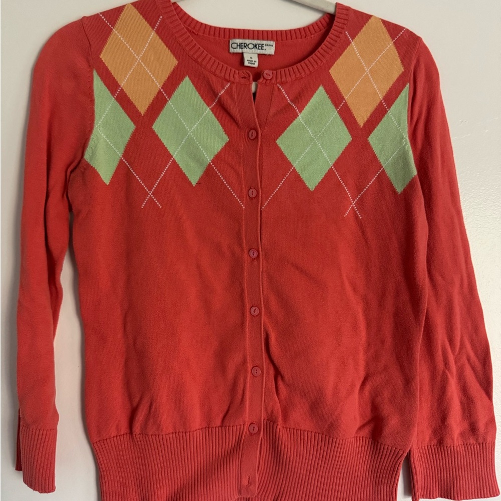 Cherokee Women's Cardigan with Green and Orange Argyle